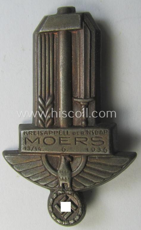 Commemorative, golden-bronze-toned N.S.D.A.P.-related day-badge (ie. 'tinnie' or: 'Veranstaltungsabzeichen') as was issued to commemorate participation within an event named: 'Kreisappell der N.S.D.A.P. - Moers - 13./14. - 6. - 1936'
