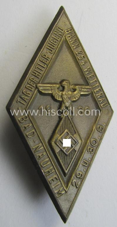 Superb - and truly scarcely encountered! - HJ- (ie. Hitlerjugend) day-badge (ie. 'tinnie' or: 'Veranstaltungsabzeichen'): 'Tag der Hitler-Jugend - Bann 254 Wetterau - Bad Nauheim - 29. u. 30. 8. 1936'