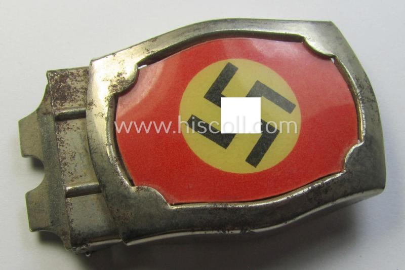 Smaller-sized, silver-toned ie. chromed metal-based patriotic belt-buckle