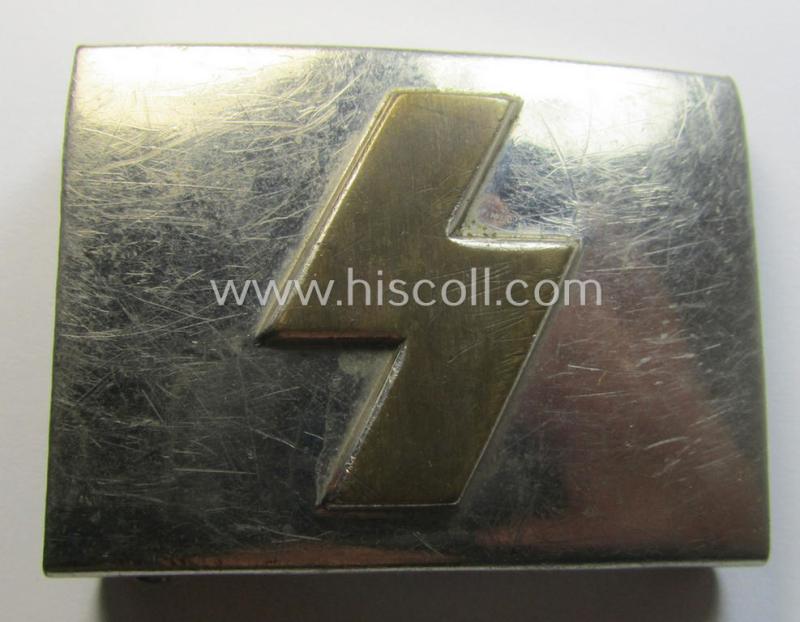 DJ (ie. 'Deutsches Jungvolk') silver-coloured- (ie. typical nickle-chromed) belt-buckle (ie. 'Koppelschloss') being a non-maker-marked example that comes in a just moderately used- ie. truly worn, condition