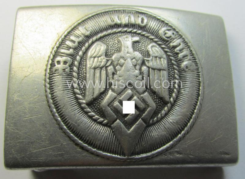 Attractive, HJ (ie. 'Hitlerjugend') matted silver-coloured- (ie. aluminium-based- and/or 'molded'-pattern) belt-buckle being a neatly maker- (ie. 'RzM M4/27'-) marked example that comes in a just moderately used- ie. worn, condition