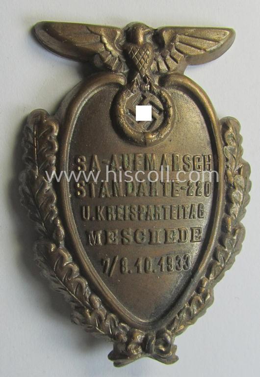 Attractive - and scarcely encountered! - SA- (ie. N.S.D.A.P.-) related 'tinnie' showing an eagle-device and shield depicting the text: 'S.A.-Aufmarsch - Standarte 229 u. Kreisparteitag - Meschede - 7./8.10.1933'