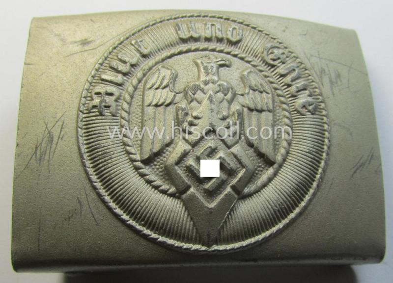 Attractive, HJ (ie. 'Hitlerjugend') matted silver-coloured- (ie. steel-based- and/or 'silver-sprayed'-pattern) belt-buckle being a neatly maker- (ie. 'RzM M4/27'-) marked example that comes in a just minimally used- ie. worn, condition