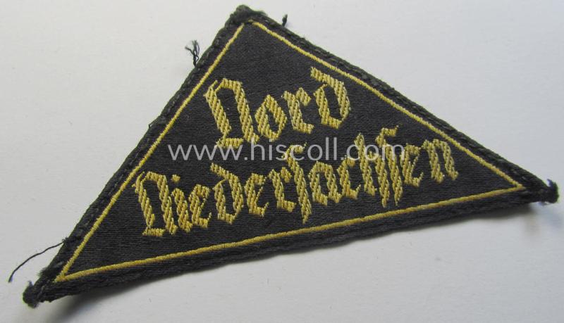 Attractive - and scarcely encountered! - 'HJ' ('Hitlerjugend') district-triangle (ie. 'Gebietsdreieck') entitled: 'Nord Niedersachsen' being a moderately used- ie. worn example that misses its 'RzM'-etiket