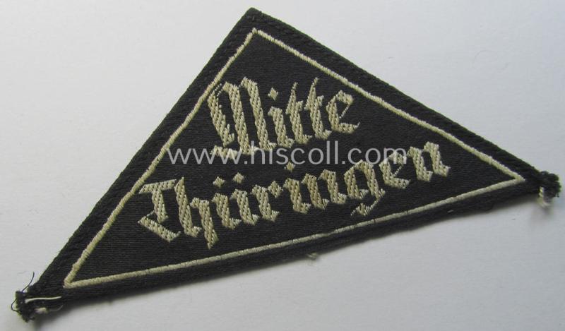 Superb - and very scarcely encountered! - 'HJ' ('Hitlerjugend') ie. 'BDM' ('Bund Deutscher Mädel'-) district-triangle (ie. 'Gebietsdreieck') entitled: 'Mitte Thüringen' being a moderately used- ie. worn example