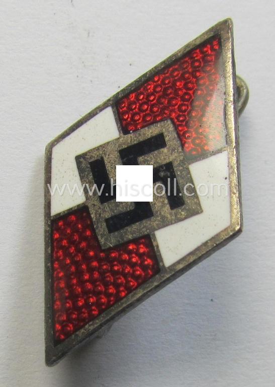 HJ (ie. 'Hitlerjugend') enamelled lapel-pin (ie.: 'Raute') with a: 'RzM - M1/100'-makers'-designation