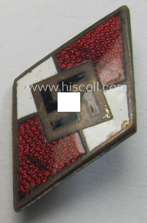 HJ (ie. 'Hitlerjugend') enamelled lapel-pin (ie.: 'Raute') with a: 'RzM - M1/63'-makers'-designation