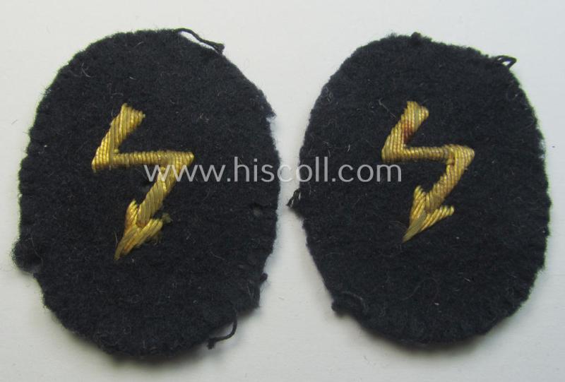 Matching pair of WH (Kriegsmarine) hand-embroidered career- ie. specialist-armbadges (ie. 'Laufbahnzeichen') as intended for usage by an officer within a: 'Nachrichten'-unit