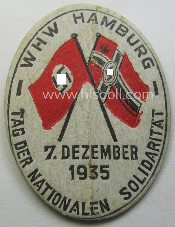 Carton-based, WHW- ie N.S.D.A.P.-related 'tinnie' (ie. 'Tagungs- o. Veranstaltungsabzeichen'): 'WHW Hamburg - Tag der Nationalen Solidarität - 7. Dezember 1935'