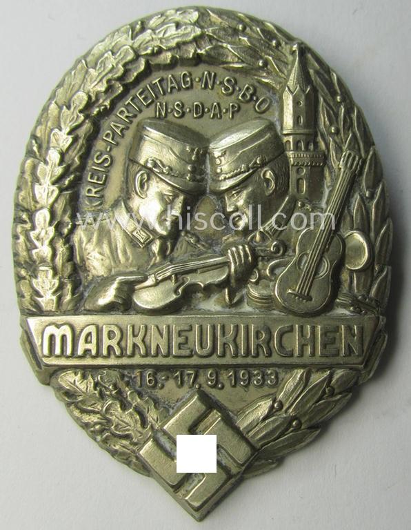 N.S.D.A.P.- (ie. N.S.B.O.-) related day-badge (ie. 'tinnie') as issued to commemorate a specific meeting entitled: 'Kreisparteitag N.S.B.O.-N.S.D.A.P. - Markneukirchen - 16.-17.9.1933'