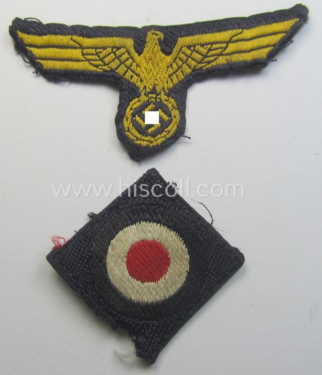 WH (Kriegsmarine)-related side-cap eagle- and dito cocarde insignia-set (ie. 'Mützenadler u. Kokarde für Schiffchen') both pieces as executed in the 'BeVo'-weave pattern