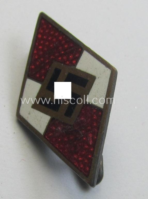 HJ (ie. 'Hitlerjugend') enamelled lapel-pin (ie.: 'Raute') with a: 'RzM - M1/72'-makers'-designation