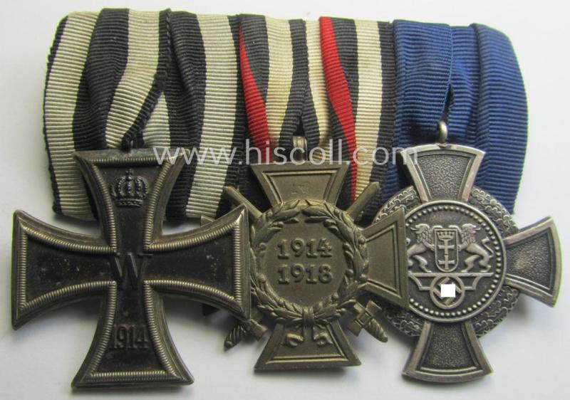 3-pieced 'WWI'- (ie. TR-) related medal-bar (ie. 'Ordenspange') resp. depicting a WWI-period: 'EK II.Kl.', a: 'FKK 1914-18' and a (very rarely seen!): 'Freie Stadt Danzig - Treudienst-Ehrenzeichen für 25 Jahre TD'