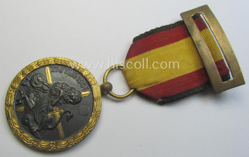 Spanish-issued, Spanish Civil-War commemorative-medal called: 'Medalla de la Campaña 1936-1939' that comes mounted onto its (typically Spanish) mounted ribbon