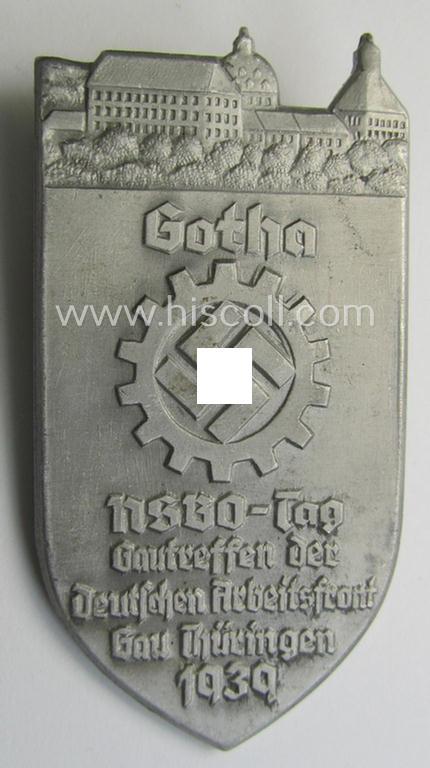 Commemorative, D.A.F.- ie. N.S.B.O.- (ie. 'Deutsches Arbeitsfront') related day-badge (ie. 'tinnie') as issued to commemorate a gathering simply named: 'Gotha - NSBO-Tag - Gautag der Deutschen Arbeitsfront - Gau Thüringen 1939'