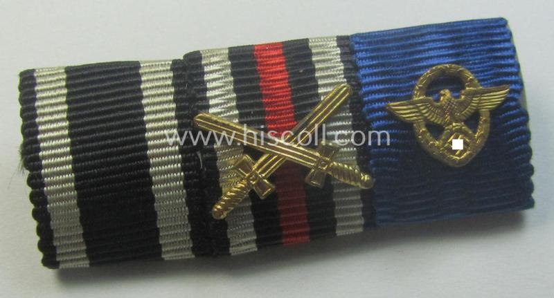 3-pieced, WWI- (ie. WWII-) period ribbon-bar (ie. 'Feld- o. Bandspange') resp. depicting a WWI-period: 'EK II.Kl.', a: 'FKK 1914-18' and a: 'Polizei-D.A. der 1. Stufe' (or: police loyal-service medal 1st class)