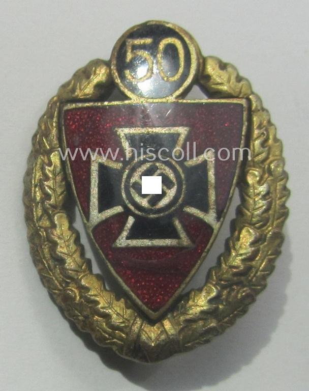 Honorary-membership-lapel-pin (aka: 'Goldene Ehrennadel für 50 Jahre Mitgliedschaft im Nationalsocialistischer Reichskriegerbund' (ie. 'N.S.R.K.B.') being a maker- (ie. '6'-) marked example that also bears a: 'Ges.Gesch.'-designation