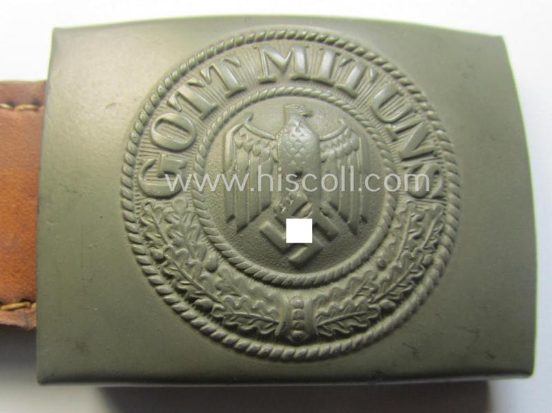 'Stonemint', WH (Heeres) 'standard-issue'-pattern, field-grey-toned- and/or steel-based belt-buckle being a maker- (ie. 'Brüder Schneider A.G.'-) marked- and/or: '1940'-dated example that came mounted onto its leather-based tab