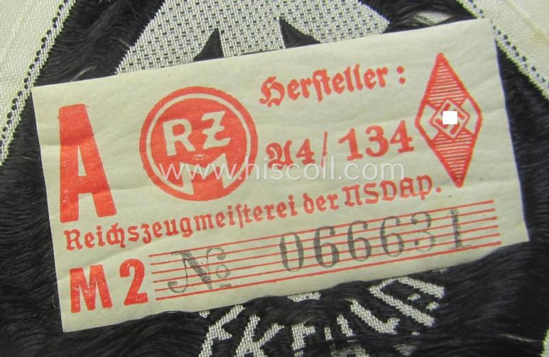HJ- (ie. 'Hitlerjugend') 'Leistungsabzeichen in Schwarz in Stoff' that retains its 'RzM'-etiket