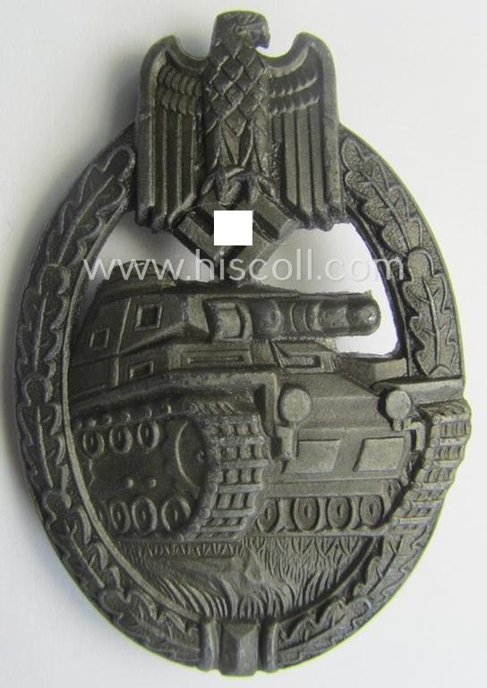 'Panzerkampfabzeichen in Bronze' (or: bronze-class panzer assault badge or PAB) being a zinc- (ie. 'Feinzink'-) version (of the so-called: 'early-period, hollow-zinc, Type A'-variant) as was procuced by the: 'Wilhelm Deumer'-company