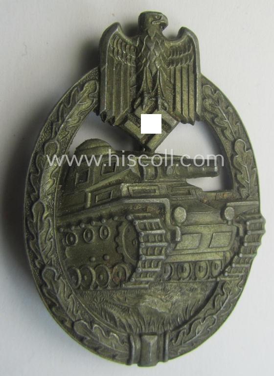 Superb - and hardly used! - 'Panzerkampfabzeichen in Bronze' being a neatly maker- (ie. 'HA'-) marked- and/or zinc- (ie. 'Feinzink'-) based specimen as was produced by the desirable 'Hersteller' (ie. maker): 'Hermann Aurich'