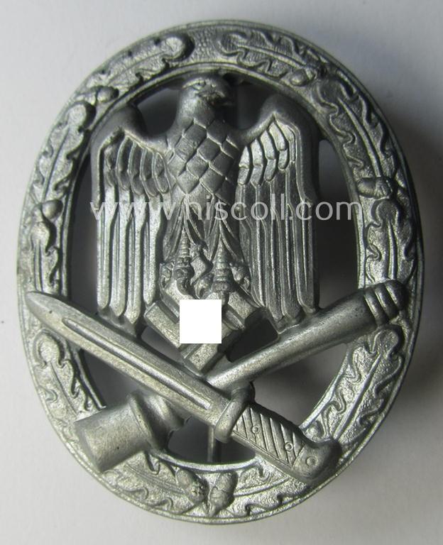 Hardly used 'Allgemeines Sturmabzeichen' (or: General Assault Badge ie. GAB) being a typical unmarked, zinc- (ie. 'Feinzink'-) based so-called: 'flat-back'-pattern by a (by me) unidentified maker