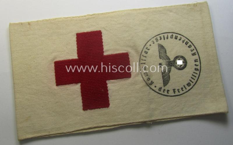 WH (Heeres) related, linnen-based- and/or neatly 'machine-embroidered', beige-white-coloured DRK- (ie. 'Deutsches Rotes Kreuz'-) armband (ie. 'Armbinde') as was intended for the staff-members serving as medical orderly