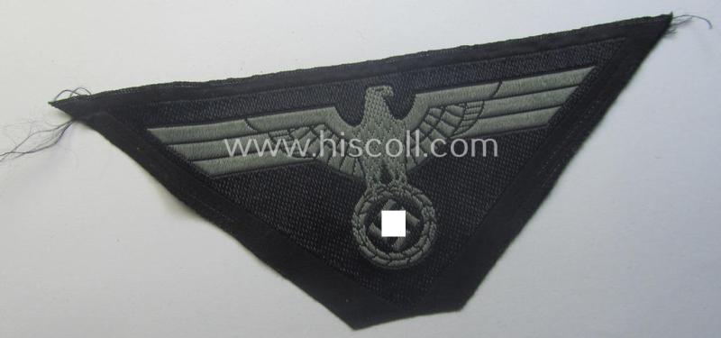 Later-war-period, WH (Heeres) - ie. 'Panzer'-related, so-called: 'M44'-pattern, trapezoid-shaped breasteagle being a greyish-coloured example as executed in the 'BeVo'-weave pattern on a black-coloured background