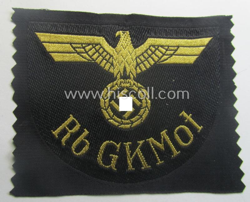 Never before seen, RB- ('Reichsbahn'-) related arm-eagle (ie. 'Ärmeladler') as executed in 'BeVo'-weave pattern depicting the text: 'Rb GKMot' (as was presumably intended for an official of the: 'Deutsche Reichsbahn')