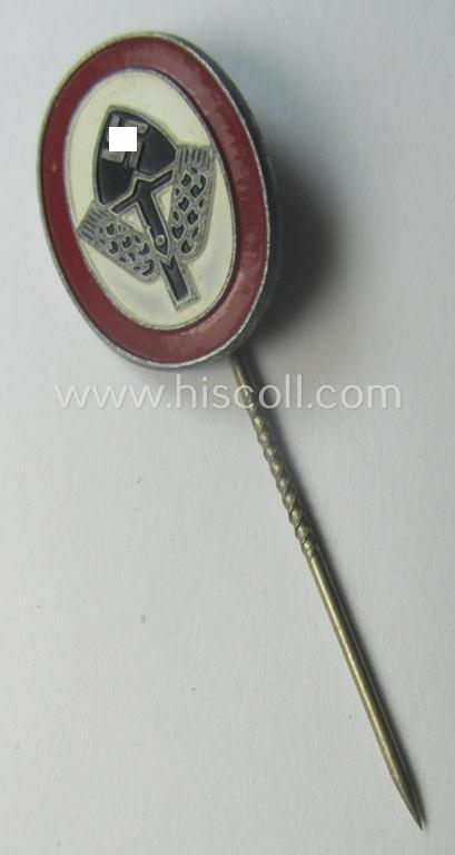 Multi-coloured- and/or 'molded'-styled, aluminium-based lapel-pin (aka: 'RAD-Erinnerungsnadel') being a non-marked example that shows a: 'Ges.Gesch.'-designation as was intended for the: 'Reichsarbeitsdienst der Männer (RAD/M)'