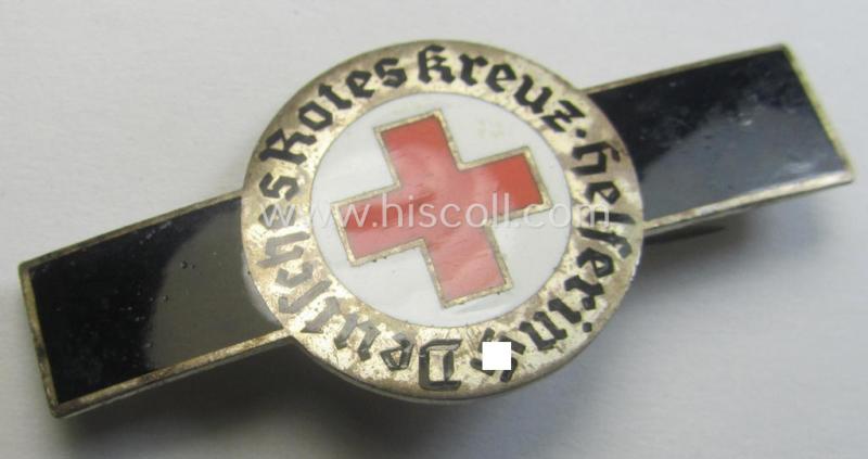 Neat - and scarcely encountered! - example of a DRK (ie. 'Deutsches Rotes Kreuz') nurses'-badge (ie. clasp or 'Spange') as was intended for a: 'Helferin' (being a non-maker-marked example bearing a: 'Ges.Gesch.'-patent-pending-designation)