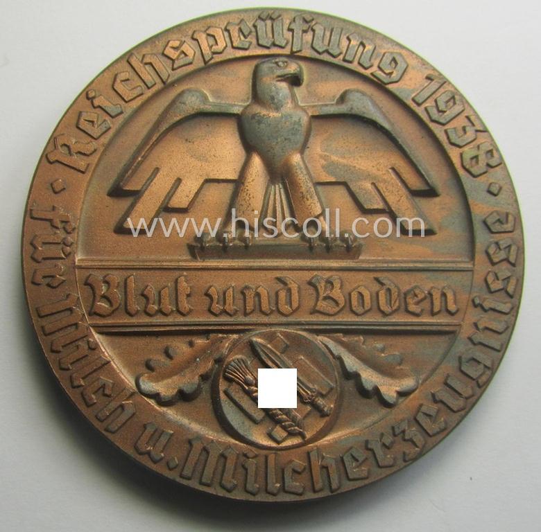 Reddish-bronze-toned, 'Reichsnährstand'- (ie. 'RNSt.'-) related, commemorative-award-plaque entitled: 'Reichsprüfung für Milch u. Milcherzeugnisse - Blut und Boden - 1938 - Sauermilch-Käse' and that comes stored in its period etui