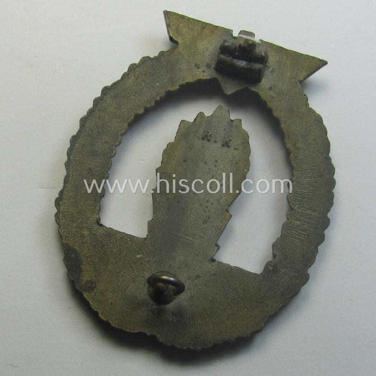 WH (Kriegsmarine) 'Kriegsabzeichen für Minensuch-, U-Boot-Jagd und Sicherungs-Verbände' being a detailed and clearly maker- (ie. 'R.K.') marked, 'Feinzink'-based example as was produced by the 'Rudolf Karneth'-company