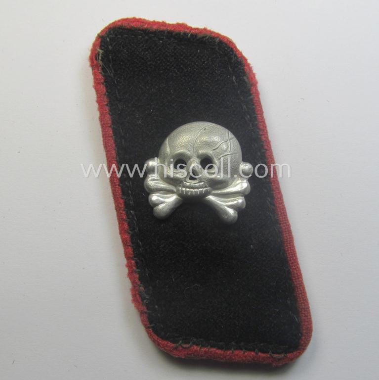 Early- (ie. mid-) war-period - albeit regrettably single! - WH (Heeres) black-coloured, woolen-based- and/or bright-pink-piped: 'Panzer'-collar-tab having an aluminium based 'Totenkopf' (ie. skull) attached