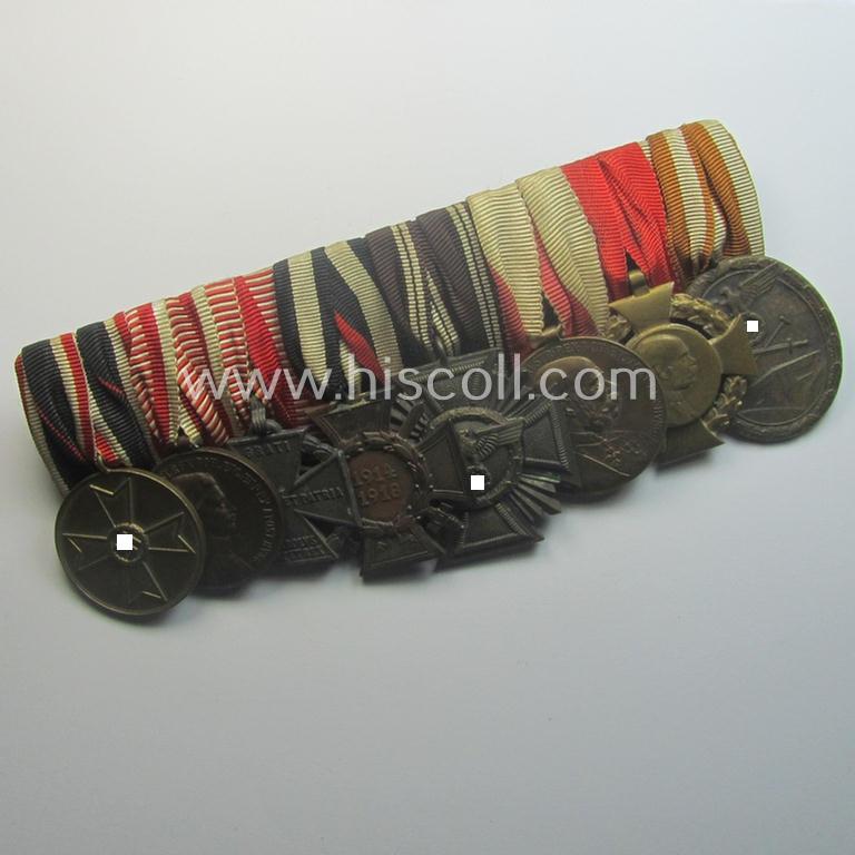 Unusually seen, 8-pieced WWI- (ie. TR- ie. N.S.D.A.P.-) related 'Ordenspange' showing amongst others: an 'N.S.D.A.P-D.A. in Bronze' (ie. '3. Stf. für 10 Jahre t.D.') and various WWI-period Austrian-(Hungarian) awards