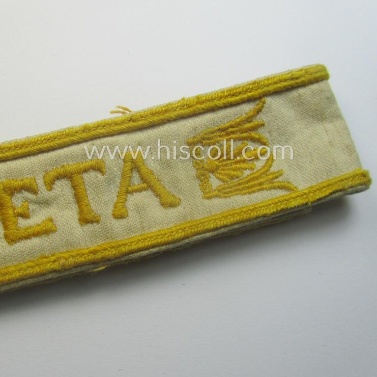 Truly worn WH cuff-title (ie. 'Ärmelstreifen') entitled: 'Kreta' (being an example that bears a printed 'RbN.'-numeral and that comes in an issued-, clearly worn- and/or most certainly once tunic-attached, condition)